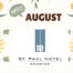 Decorative August banner with yellow sunflowers framing a centered St. Paul Hotel Wooster logo and a small 'Hello!' speech bubble.