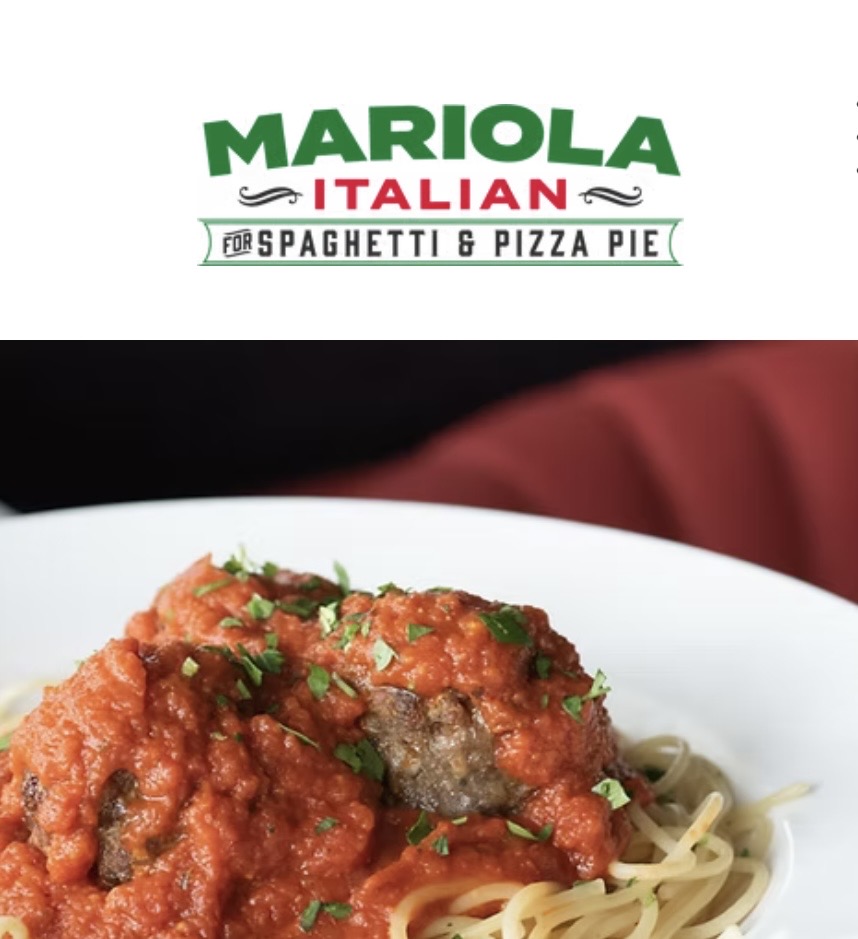 Plate of spaghetti with meatballs in tomato sauce, garnished with parsley; Mariola Italian logo above.