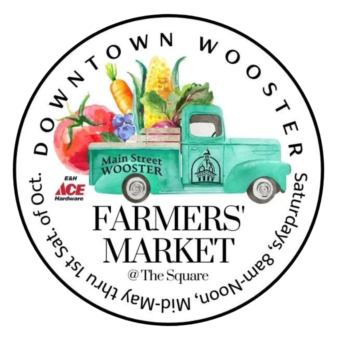 Circular logo for Downtown Wooster Farmers' Market featuring a teal vintage truck loaded with vegetables and the words 'FARMERS' MARKET'