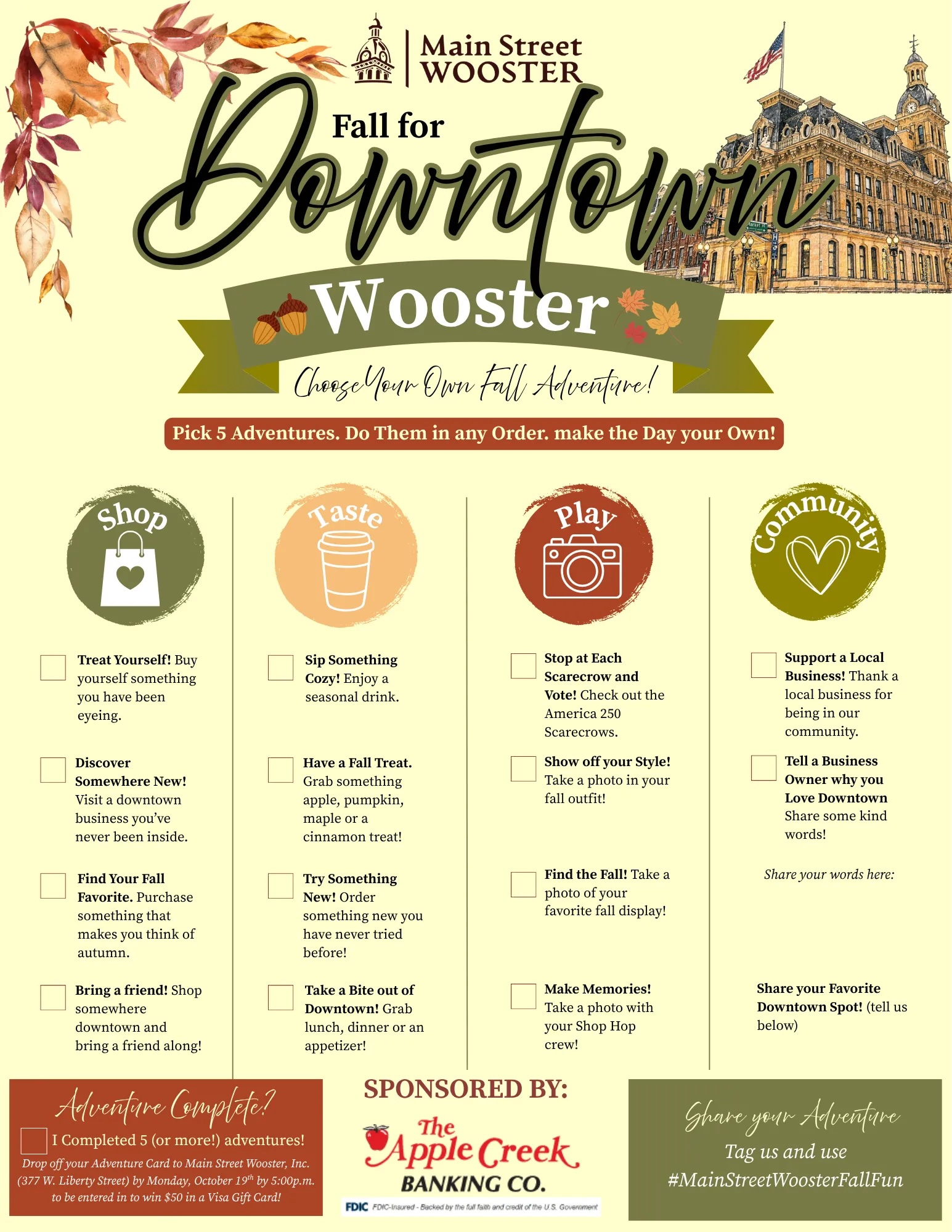 Fall-shop - St. Paul Hotel | Boutique Hotel Wooster Ohio Poster for Fall for Downtown Wooster featuring autumn leaves, a historic building, and circular icons labeled Shop, Taste, Play, Community; invites five adventures.