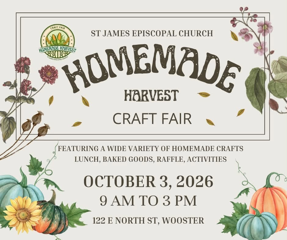 homemade-harvest_n - St. Paul Hotel | Boutique Hotel Wooster Ohio Poster for St. James Episcopal Church Handmade Harvest Craft Fair with pumpkins and flowers; Oct 3, 2026, 9 AM–3 PM, 122 E North St, Wooster
