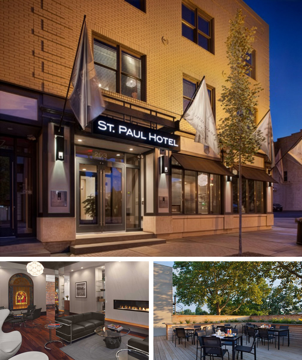 Collage showing the St. Paul Hotel exterior at dusk, a modern lobby lounge, and an outdoor patio dining area.