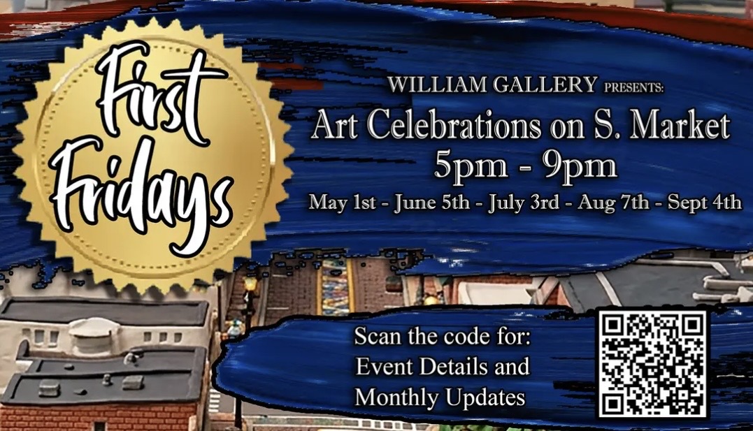 Poster for 'Fast Fridays' with a gold seal, promoting Art Celebrations on S. Market from 5–9pm; May–Sept dates, plus a QR code for details/updates.