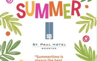 Colorful poster saying 'Hello Summer' with leafy border and St. Paul Hotel logo; includes Charles Bowden quote.